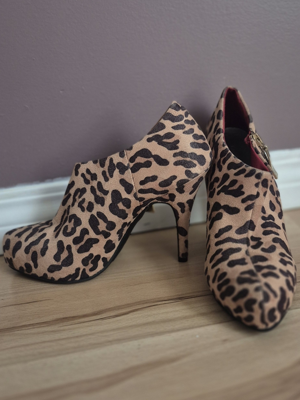 Christian Siriano Leopard Print Heeled Booties in Beige and Black